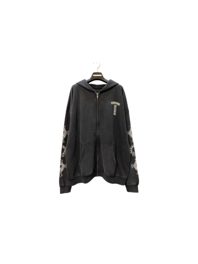 1:1 quality version Washed Vintage Chest Logo Cross Horseshoe Sleeve Print Full Zip Hoodie 29563690