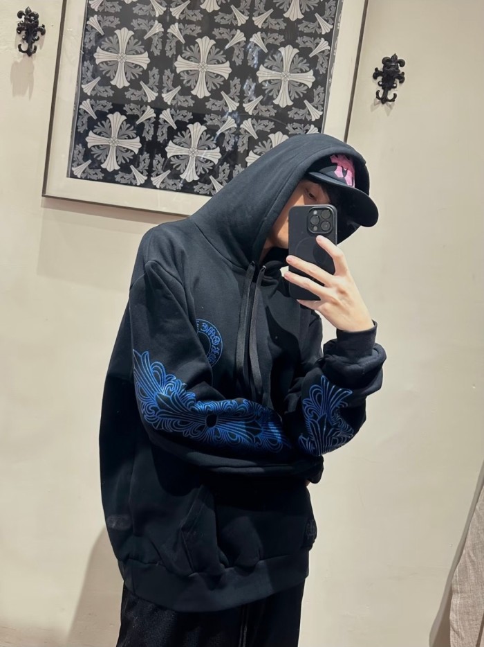 1:1 quality version Blue Horseshoe Logo Embroidered Back Floral Sleeve Hoodie 29563669