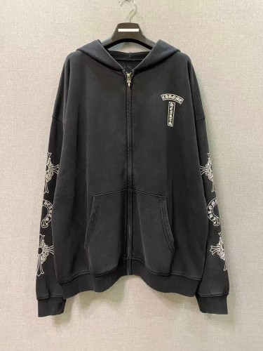 1:1 quality version Washed Vintage Chest Logo Cross Horseshoe Sleeve Print Full Zip Hoodie 29563690