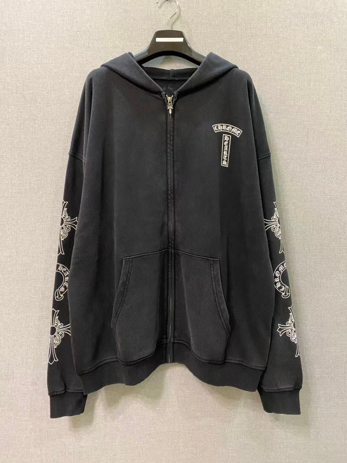 1:1 quality version Washed Vintage Chest Logo Cross Horseshoe Sleeve Print Full Zip Hoodie 29563690