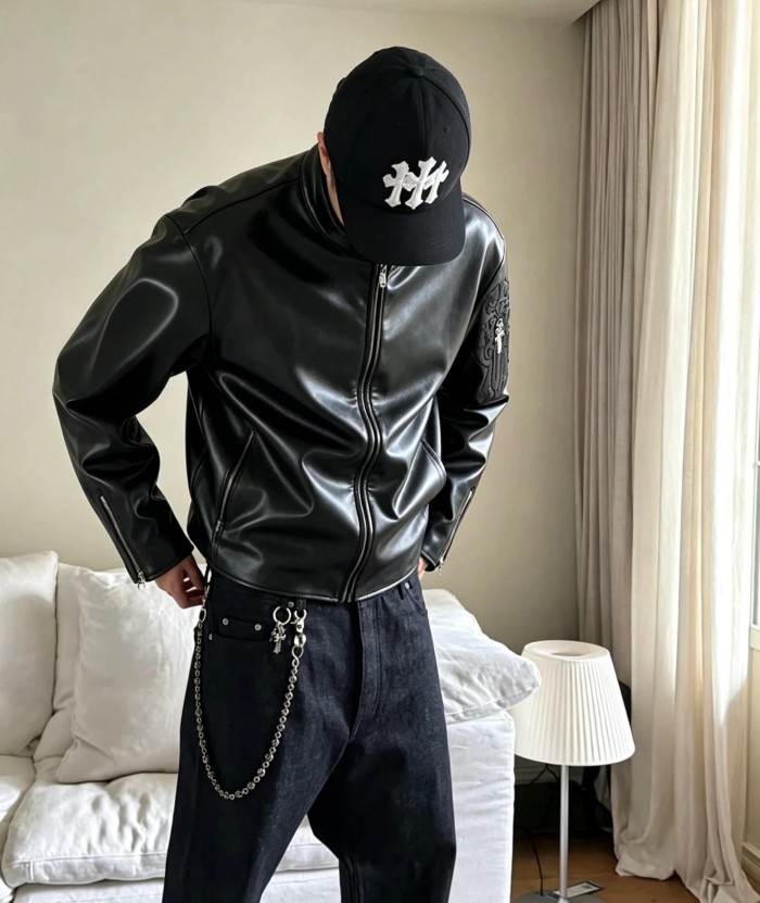 1:1 quality version Sleeve Sword Embroidery Crew Neck Biker Leather Jacket 29567795
