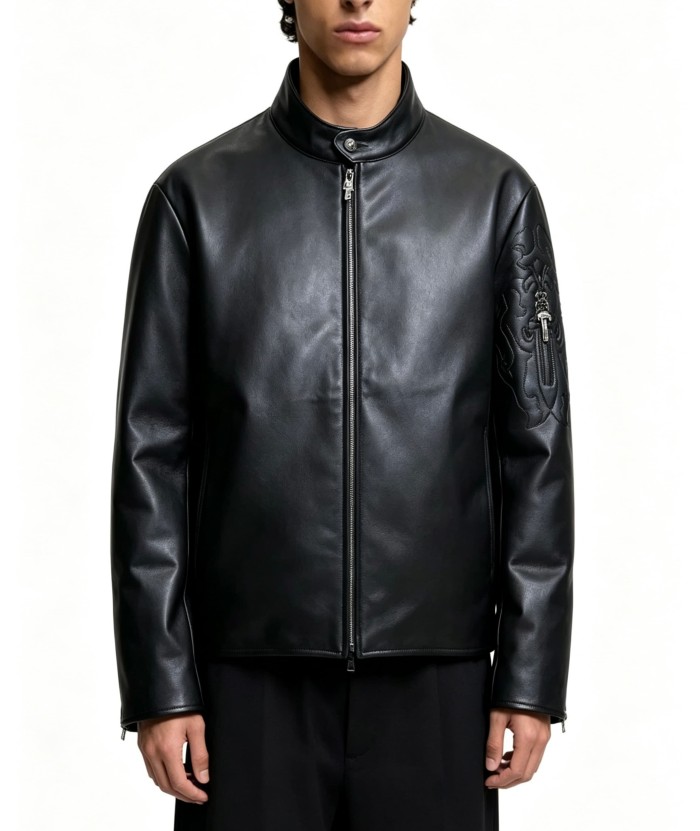 1:1 quality version Sleeve Sword Embroidery Crew Neck Biker Leather Jacket 29567795