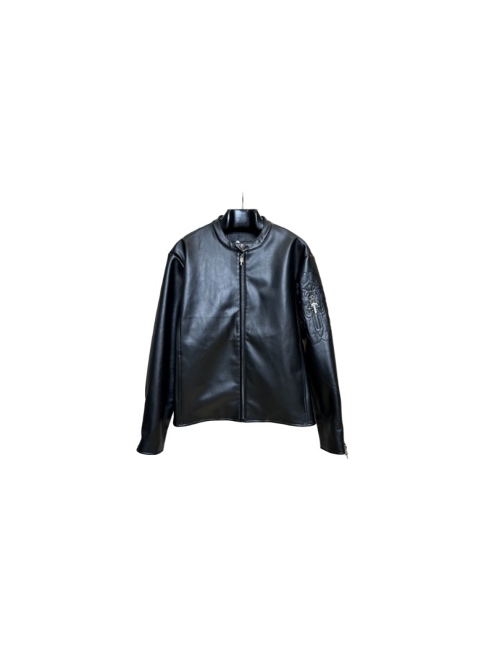 1:1 quality version Sleeve Sword Embroidery Crew Neck Biker Leather Jacket 29567795