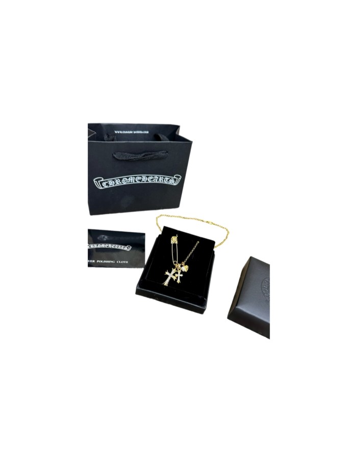 Safety Pin Inlaid Zircon Double Cross Pendant Gold Plated Necklace 29569609