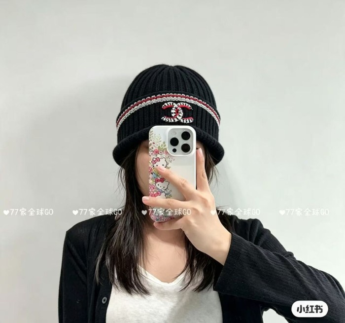 1:1 quality version Houndstooth Letter Embroidery Striped Trim Ribbed Beanie  2 colors 29569871