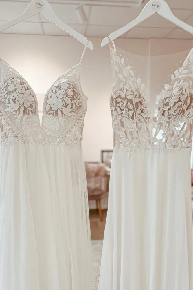 Harmoni | Simple White A-Line Boho Long Chiffon Wedding Dress with Lace Appliques