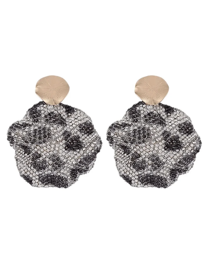Gray Leopard Print Rhinestones Round Earrings