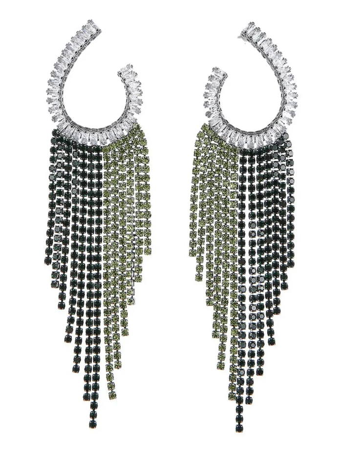 Green Statement Rhinestones Tassel Long Earrings