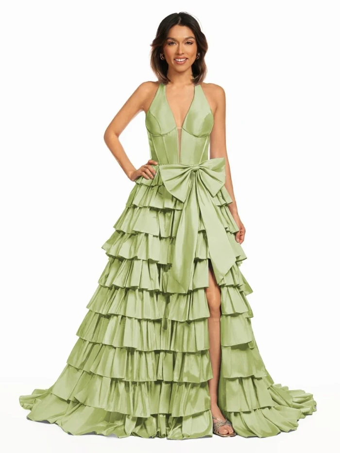 Iridium | Halter A-Line Blue Satin Long Ruffled Prom Dress With Slit