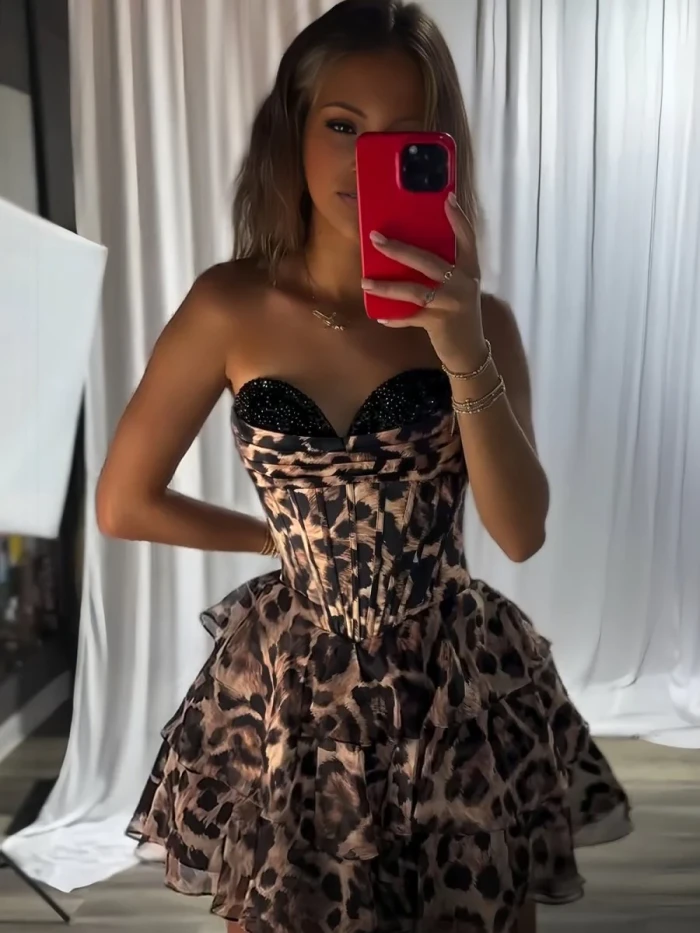 Idalia | Leopard - Strapless Leopard Print Chiffon A Line Homecoming Dress With Beading