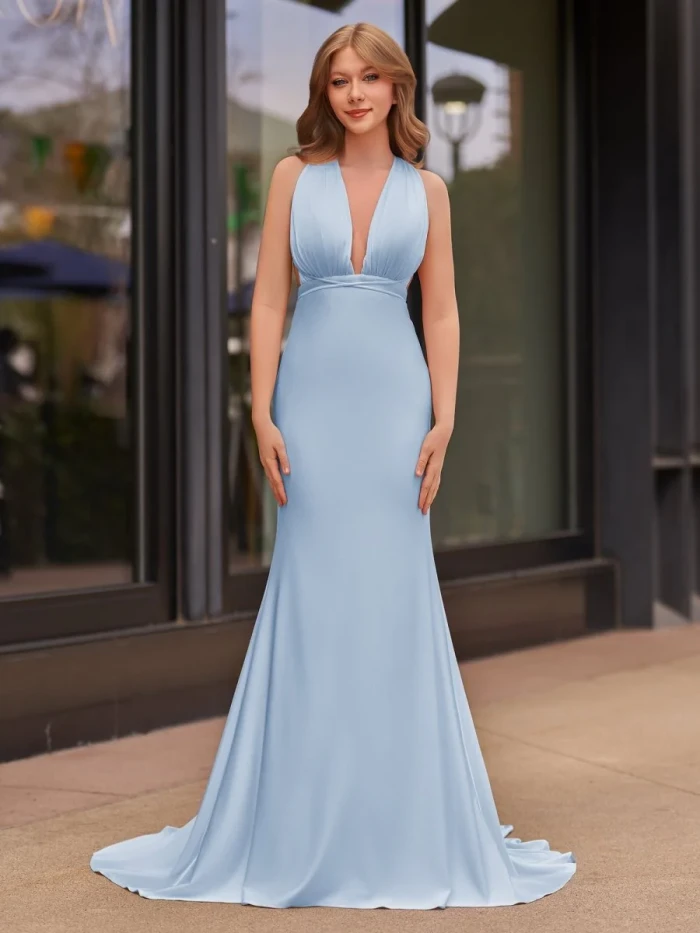Helaina | Plunge Neck Light Pink Mermaid Satin Long Prom Dress