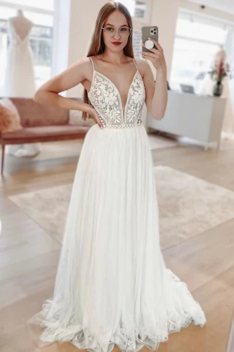 Harmoni | Simple White A-Line Boho Long Chiffon Wedding Dress with Lace Appliques