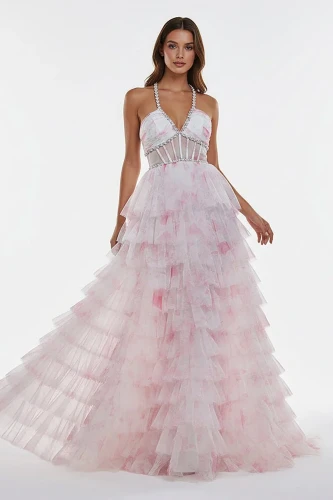 Inari | Pink – A Line Floral Tulle Halter Long Prom Dress with Ruffles and Beading