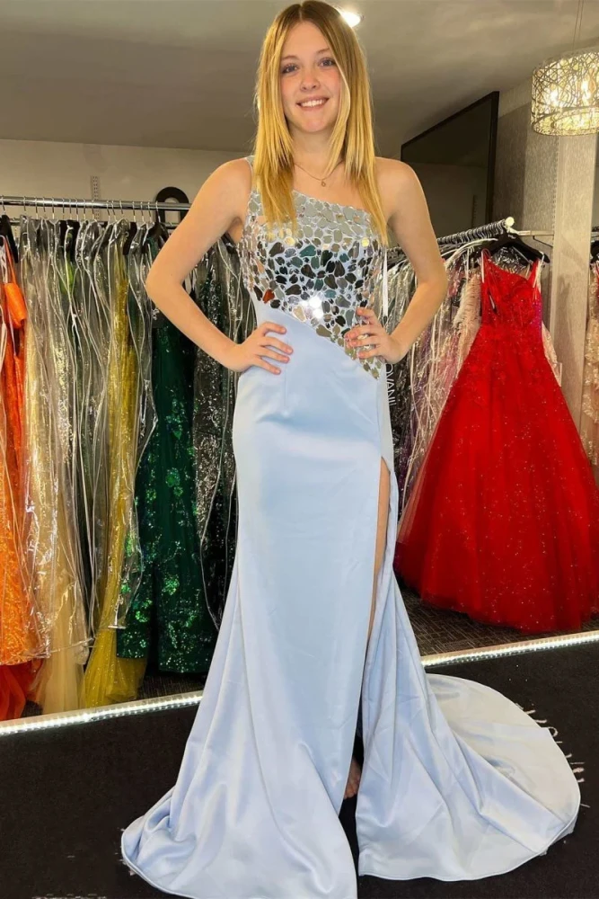 Harlow | Light Blue Cut Glass Mirror One-Shoulder Trumpet Long Formal Dress with Slit