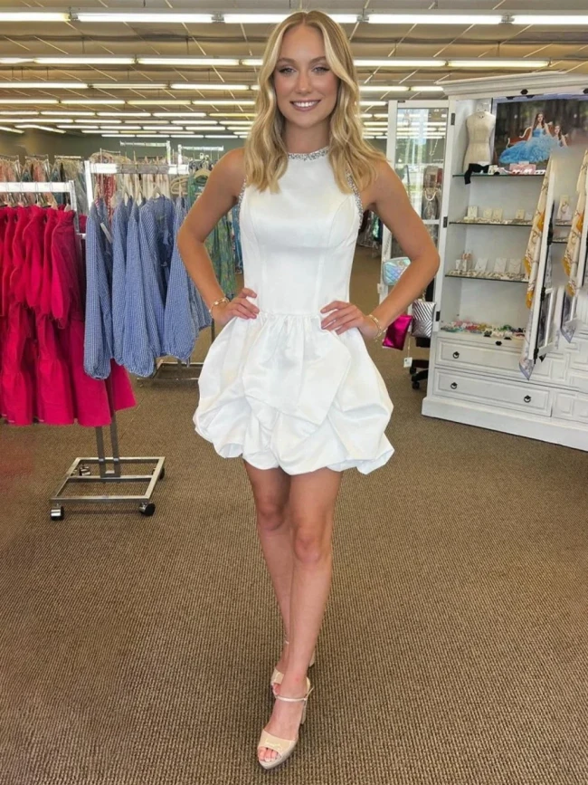 Hayla | White Jewel Neck Beaded Sleeveless Ruffle Homecoming Dress