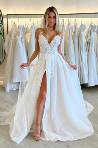 Gorgeous A Line V Neck Organza Long Wedding Dresses with Appliques