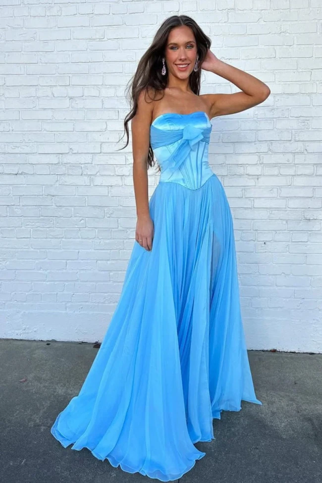 Ivelisse | Blue - A Line Strapless Pleated Chiffon Long Prom Dress with Bow