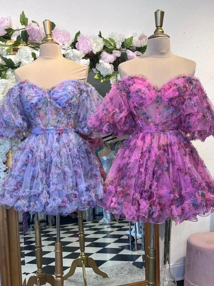 Ivana | Sky Blue A Line Off the Shoulder Printed Homecoming Dress
