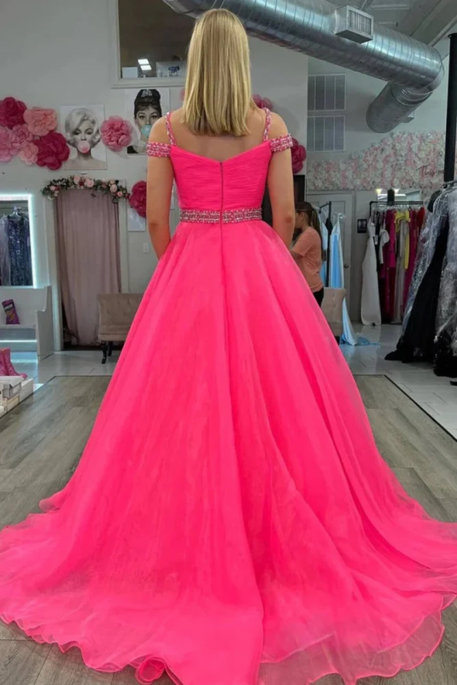 Hot Pink Beaded Cold-Shoulder A-Line Prom Dress