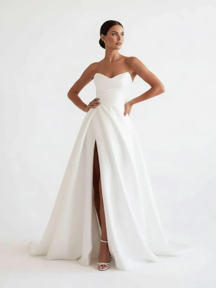 Janalee | A-Line White Sleeveless Satin Wedding Dress With Side Slit