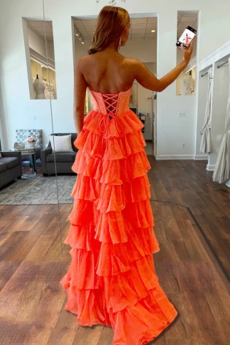 Hanya | Orange - A Line Strapless Chiffon Beaded Corset Long Prom Dress With Slit