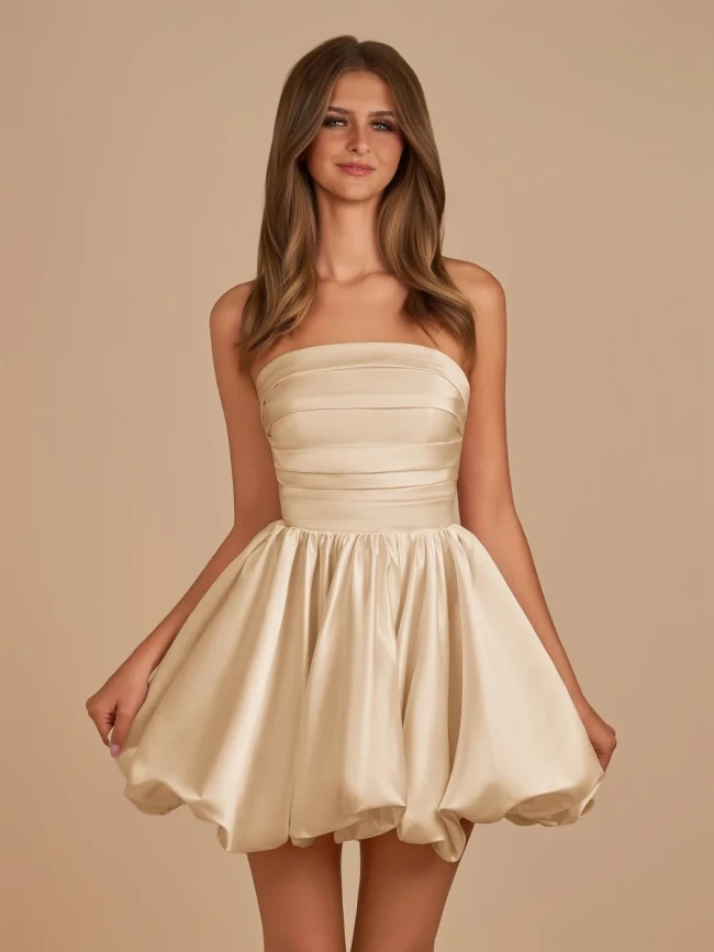 Jani | Champagne - A Line Strapless Satin Bubble Hem Short Homecoming Dresses