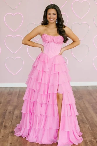 Haliah | Pink - Strapless A Line Chiffon Tiered Prom Dresses With Appliques