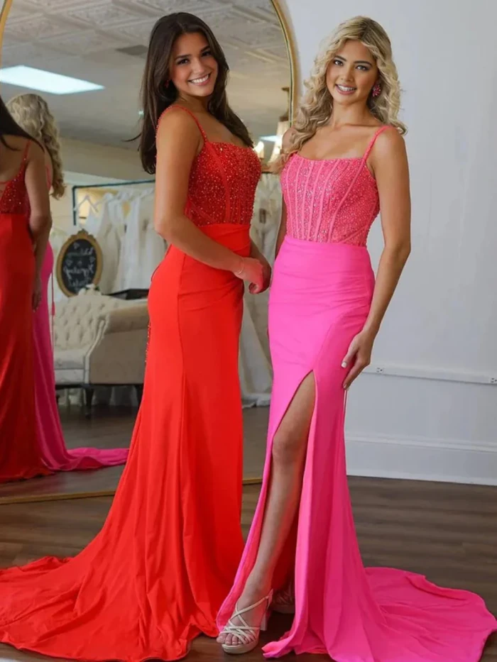 Iolanthe | Mermaid Square Neck Red Beaded Long Prom Dress with Slit