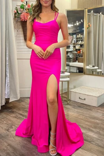 Hot Pink Scoop Neck Lace-Up Trumpet Long Formal Dress