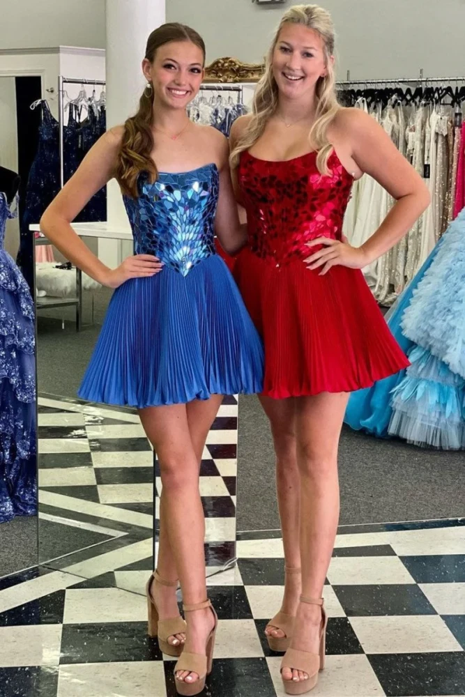 Hadassah | Red Cut Glass Mirror Strapless A-Line Gathered Party Dress
