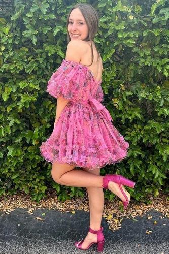 Ivana | Fuchsia A Line Off the Shoulder Printed Homecoming Dress