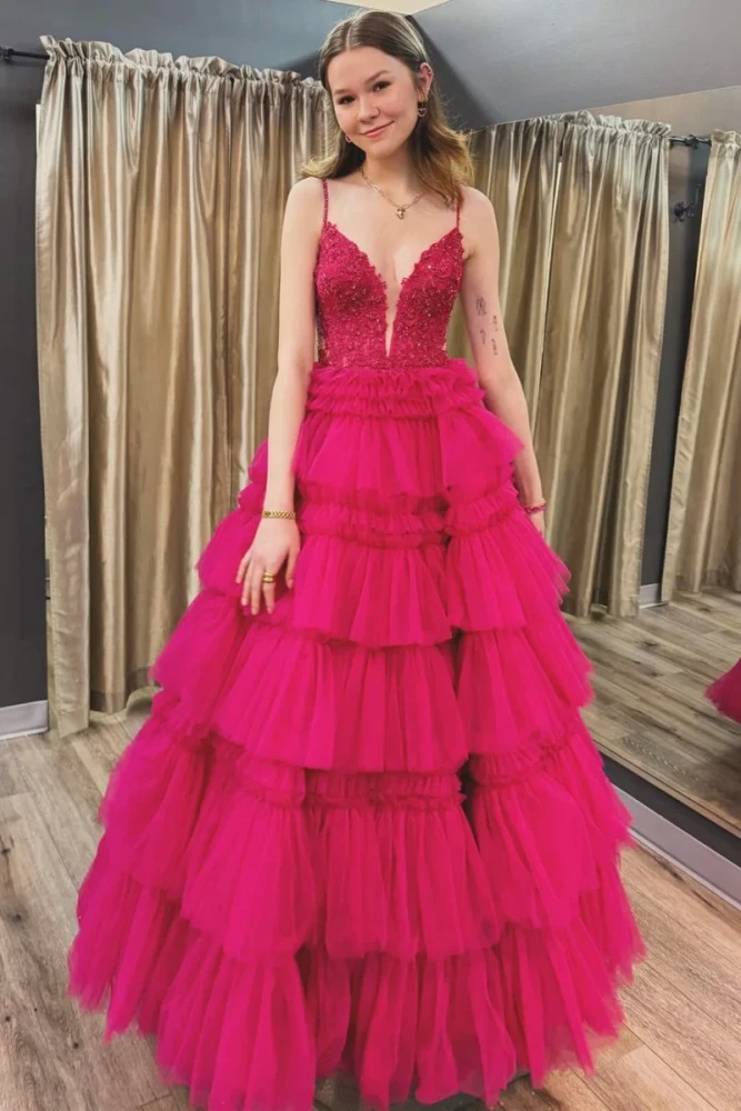 Hadlee | Black Beaded Spaghetti Strap Ruffle Tiered Ball Gown