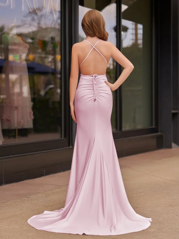 Helaina | Plunge Neck Light Pink Mermaid Satin Long Prom Dress