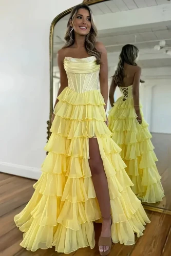 Hanya | Yellow - A Line Strapless Chiffon Beaded Corset Long Prom Dress With Slit