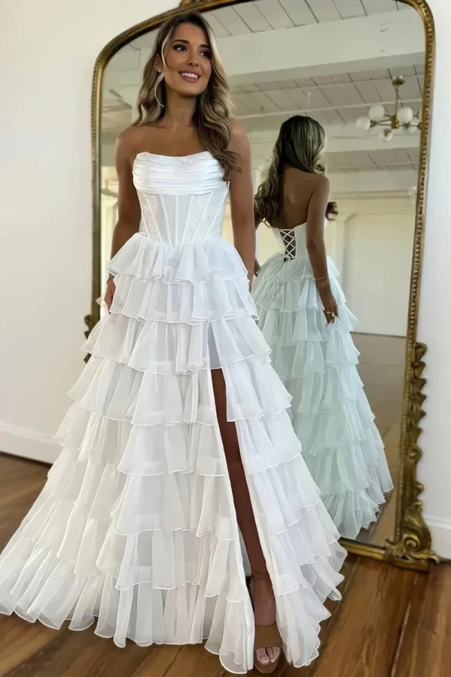 Hanya | White - A Line Strapless Chiffon Beaded Corset Long Prom Dress With Slit