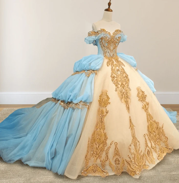 Hazeleigh | Gold Appliqued Double Colored Corset Back Quinceañera Dress