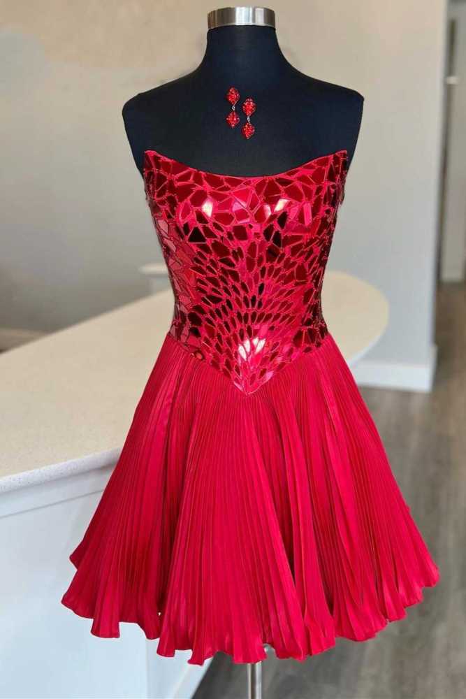 Hadassah | Red Cut Glass Mirror Strapless A-Line Gathered Party Dress