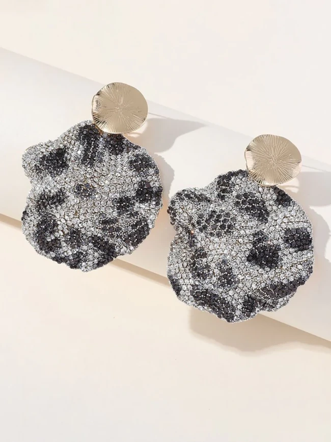 Gray Leopard Print Rhinestones Round Earrings