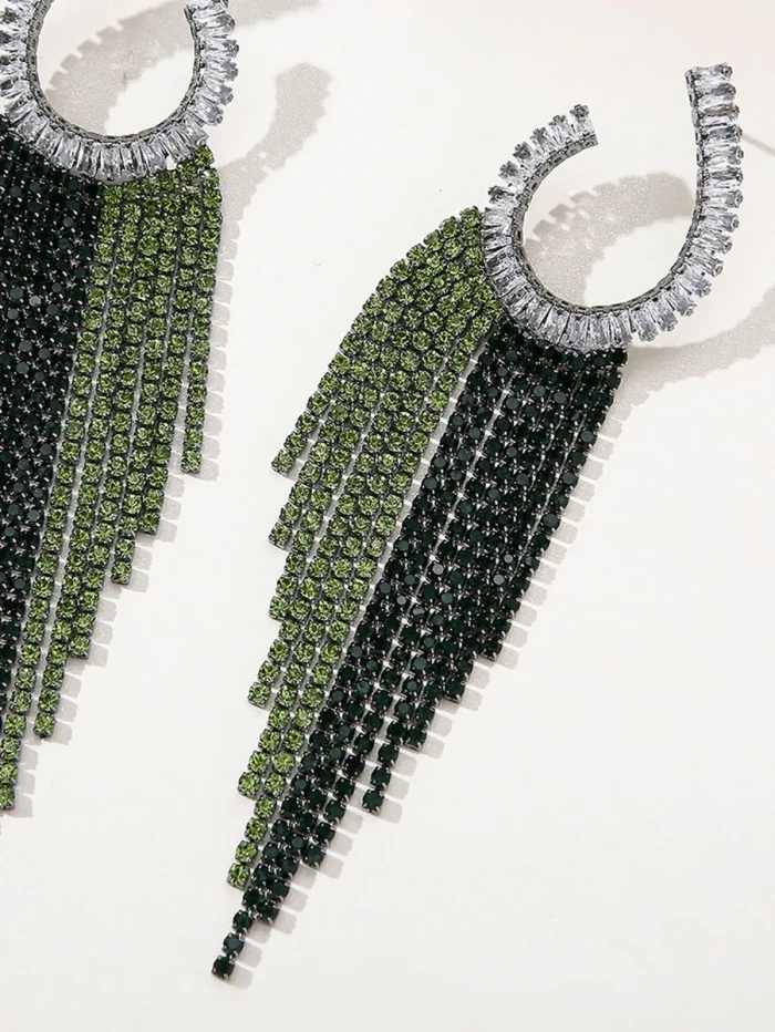 Green Statement Rhinestones Tassel Long Earrings