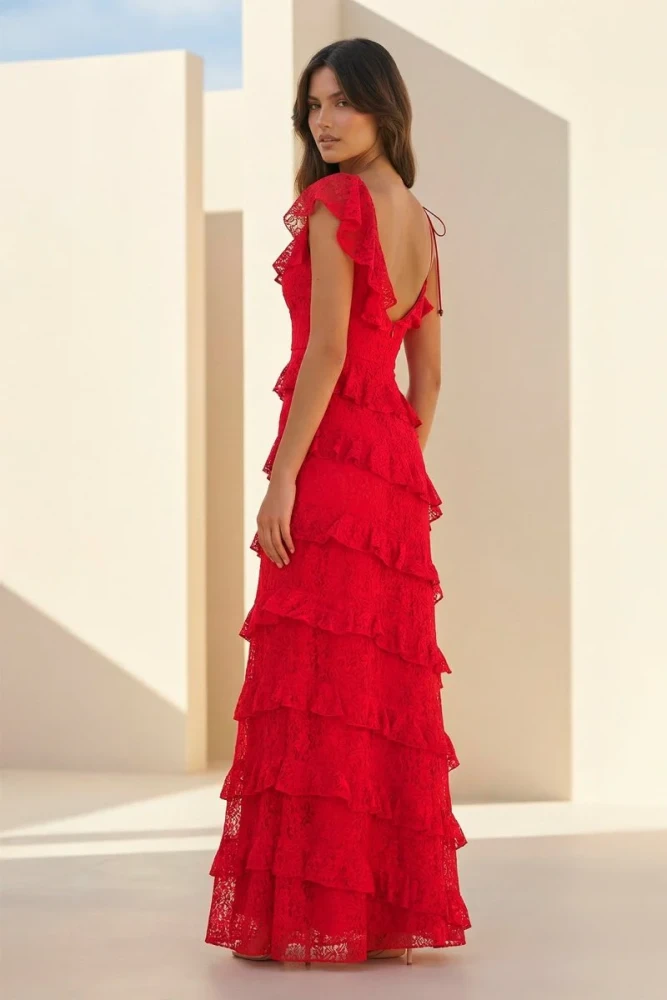 Iverie | Red Sheath V Neck Lace Long Prom Dresses With Ruffles