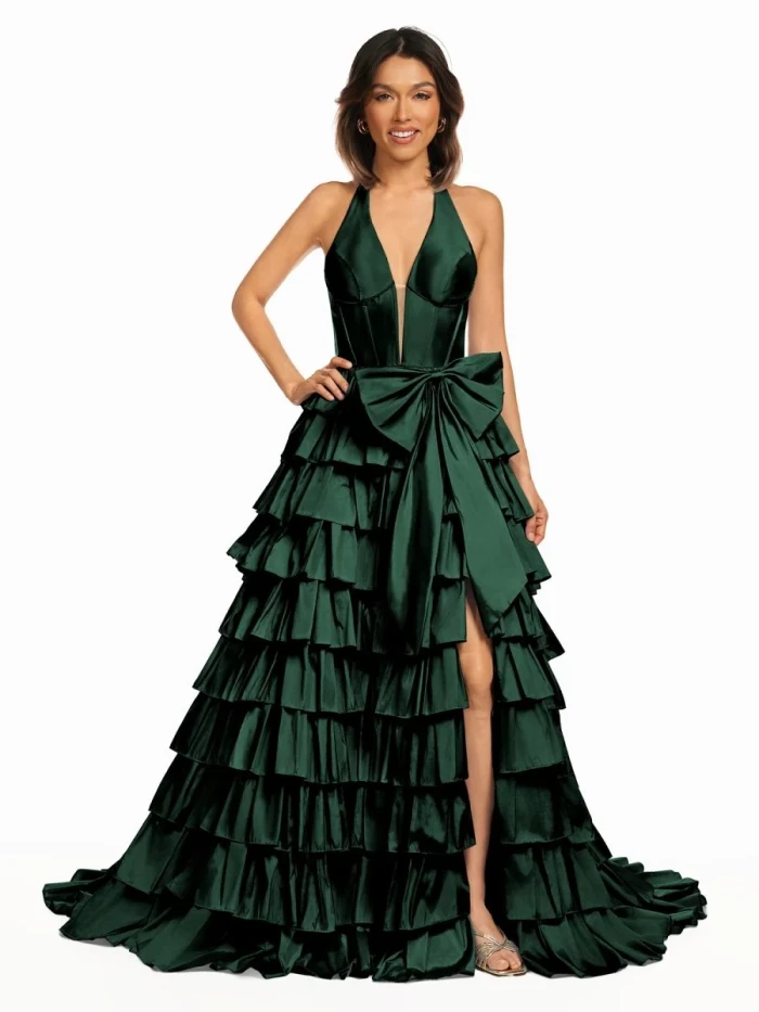 Iridium | Halter A-Line Blue Satin Long Ruffled Prom Dress With Slit