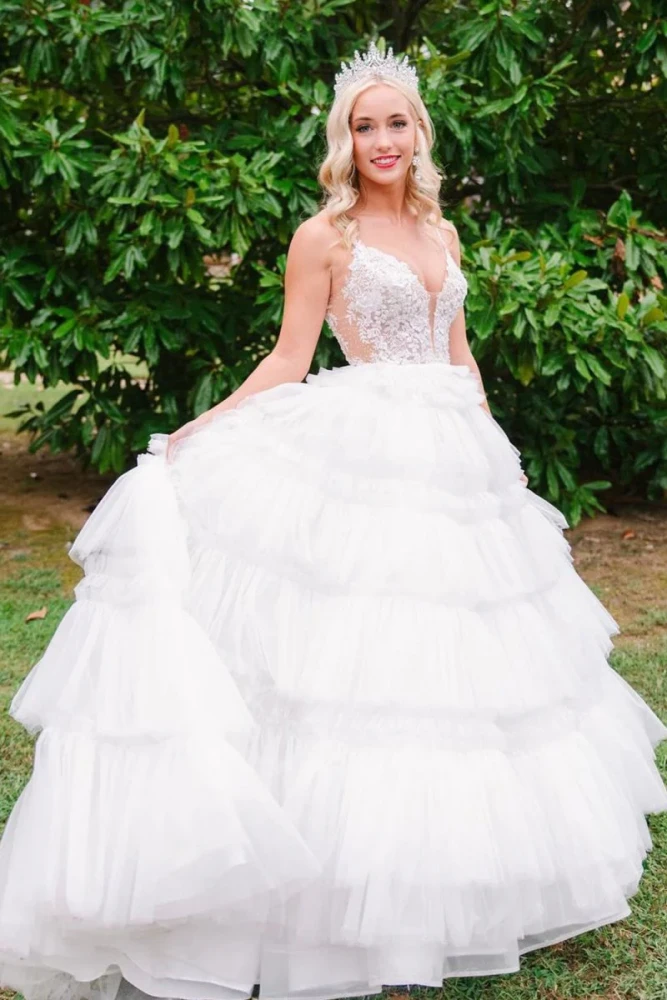 Hadlee | Black Beaded Spaghetti Strap Ruffle Tiered Ball Gown