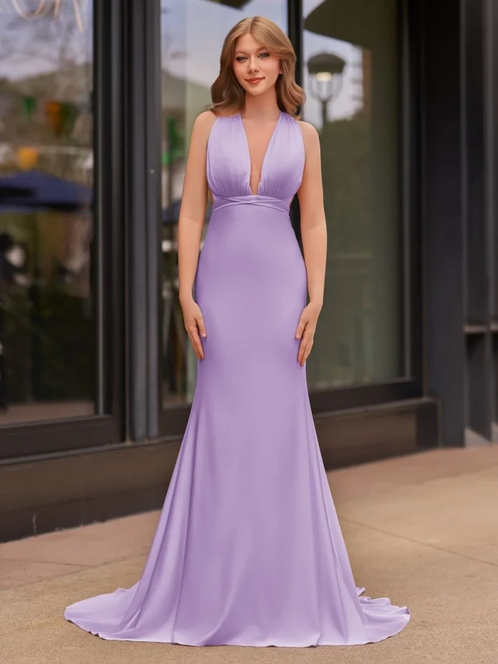 Helaina | Plunge Neck Light Pink Mermaid Satin Long Prom Dress