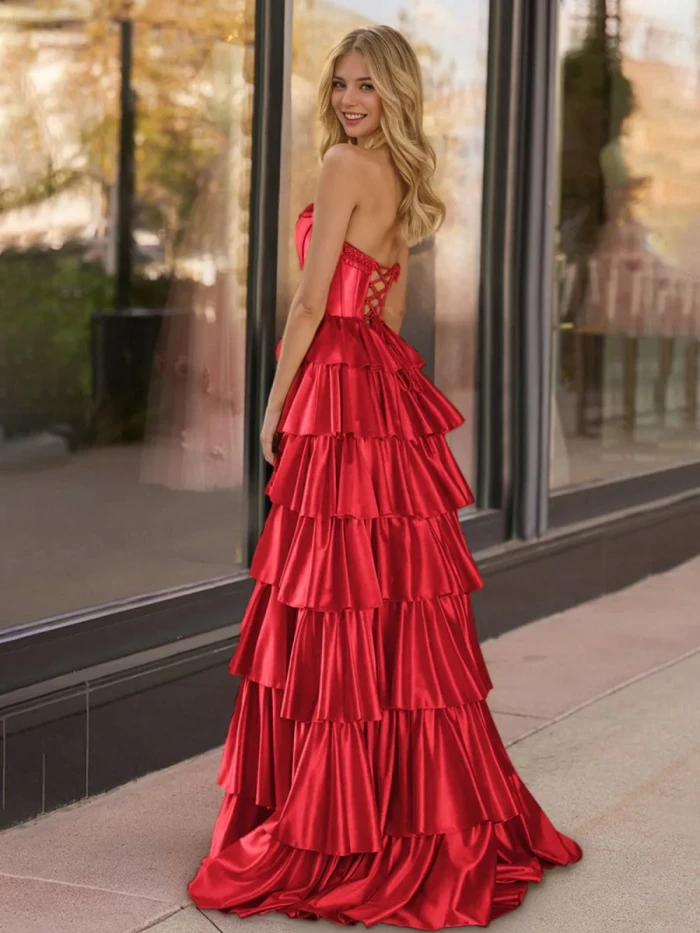 Indiana | Yellow Strapless Satin Ruffle Tiered Beaded A Line Prom Dresses