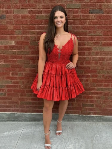 Heliodor | Red - V Neck Satin A Line Ruffles Homecoming Dresses With Appliques
