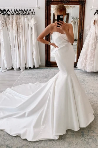 Halo | White Strapless Satin Long Mermaid Wedding Dress