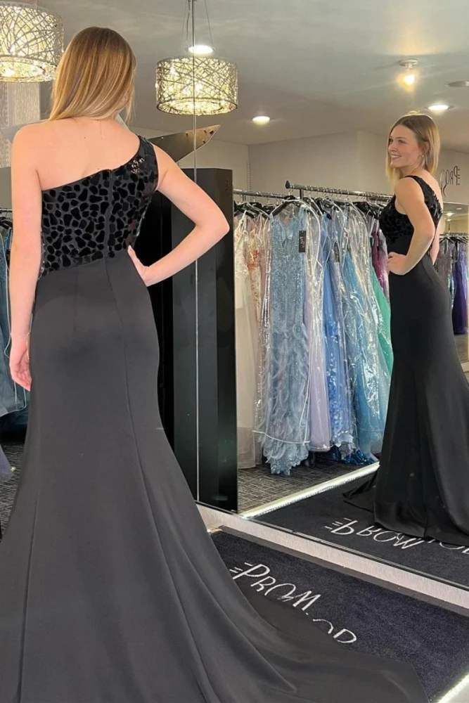 Harlow | Light Blue Cut Glass Mirror One-Shoulder Trumpet Long Formal Dress with Slit