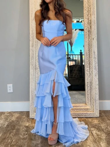 Ida | Sky Blue Mermaid Strapless Prom Dresses With Split