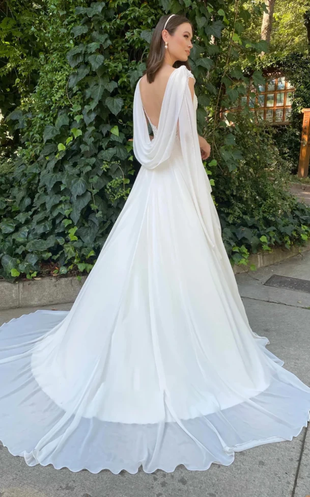 Greek Simple A Line V-neck Chiffon Court Train Wedding Dress with Ruching