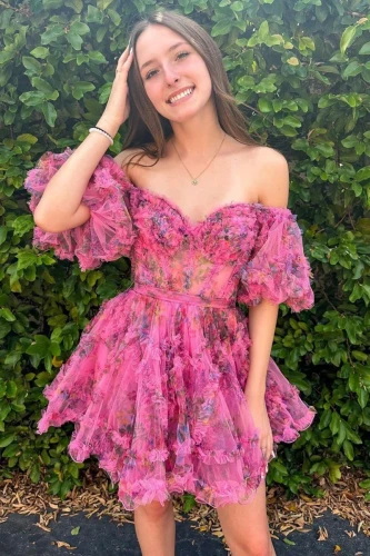 Ivana | Fuchsia A Line Off the Shoulder Printed Homecoming Dress